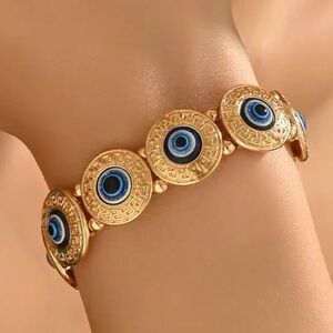 Elegant Gold Blue Greek Evil Eye Women's Stretch Bracelet Golden-Tone NEW